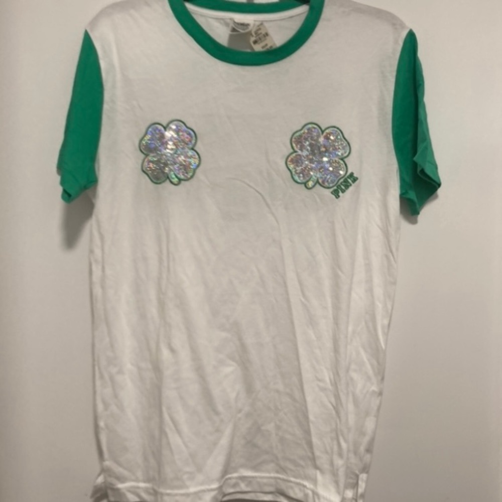 Pink Victoria’s Secret Bling Sequin Shirt Size Extra Small St Patricks Day Logo - Picture 13 of 16